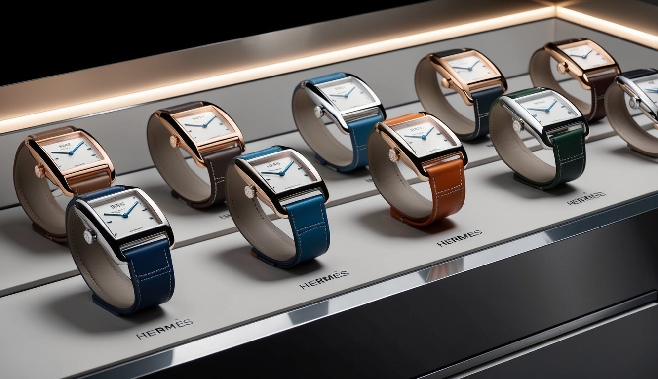 A luxurious display of Hermès Nantucket watches arranged on a sleek, modern surface with soft lighting highlighting their elegant design