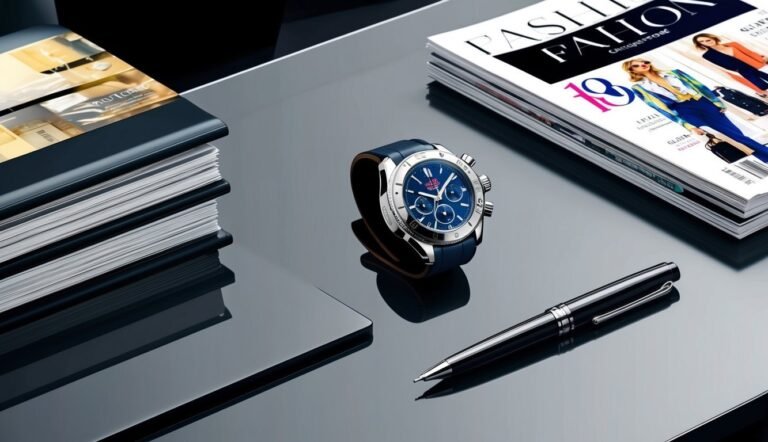 Blue-faced watch, pen, and magazines on a reflective black surface