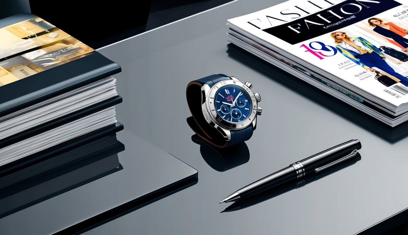 Blue-faced watch, pen, and magazines on a reflective black surface