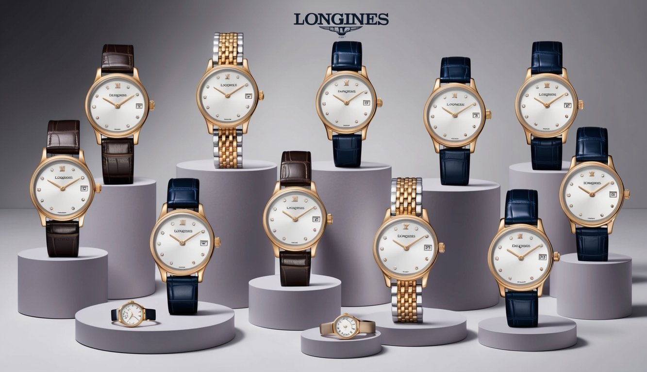 A glamorous display of ten Longines DolceVita luxury watches arranged in a stylish and elegant fashion, showcasing the perfect accessories for a fashion-conscious woman