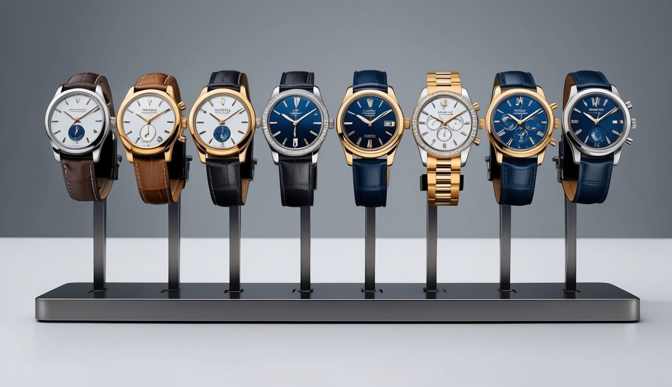 A display of 10 luxury watches, each made from different high-quality materials such as stainless steel, gold, diamonds, and leather, arranged on a sleek and modern watch display stand