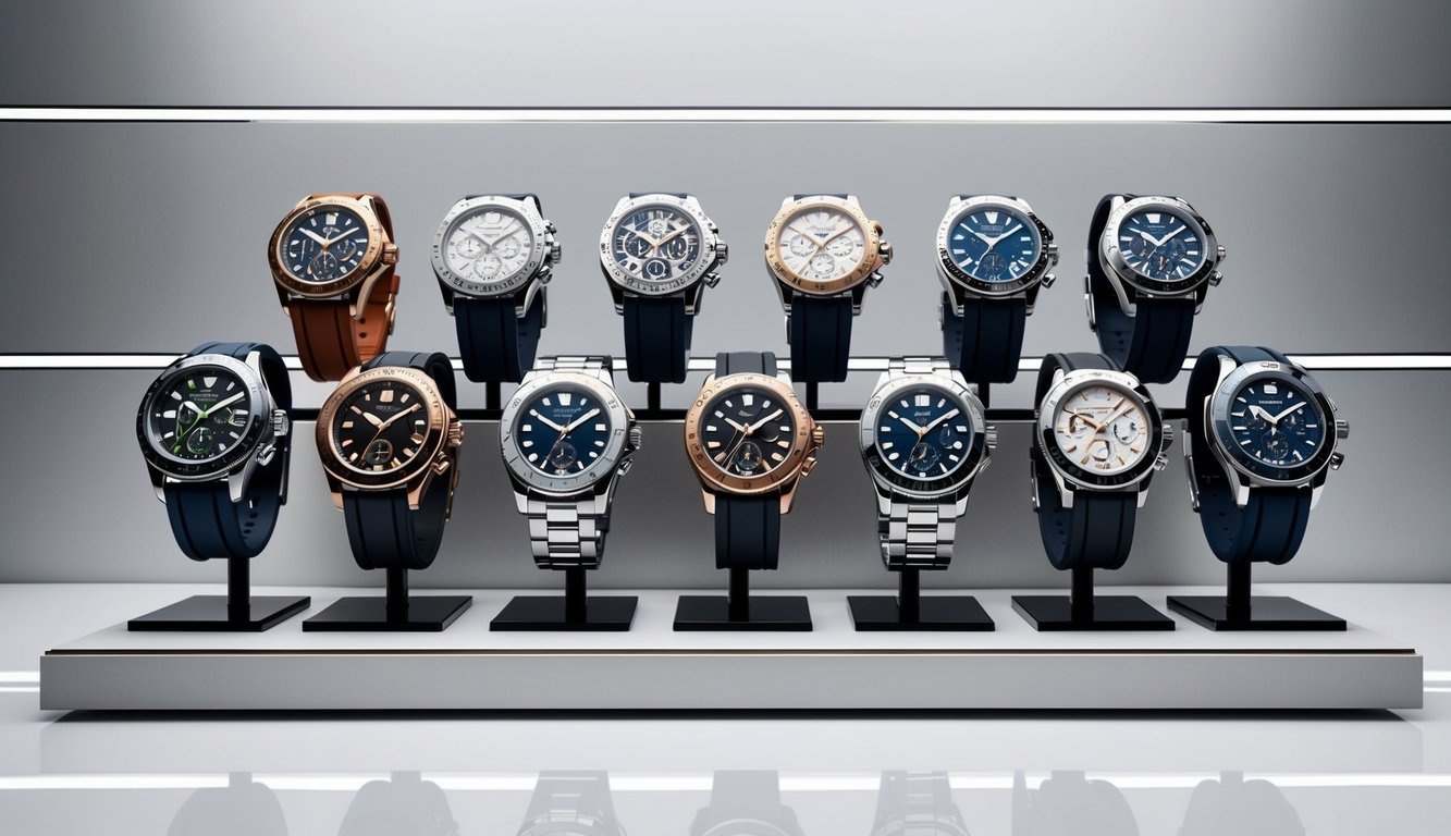 A luxurious display of 10 intricately designed and stylish watches arranged on a sleek, minimalist backdrop