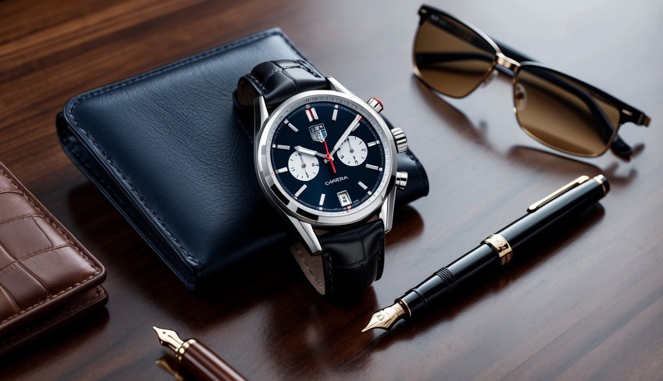 A sleek Tag Heuer Carrera watch placed next to a luxurious leather wallet, designer sunglasses, and a high-end fountain pen on a polished wooden surface