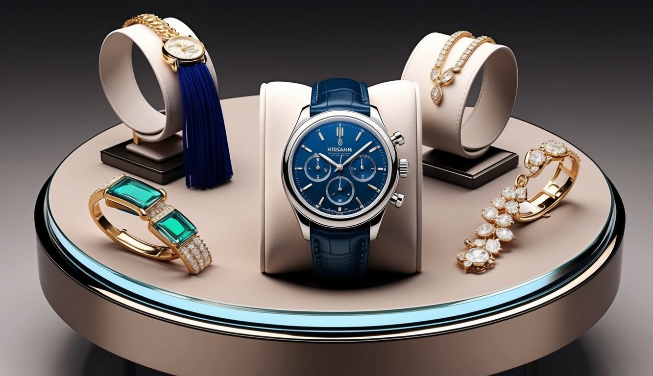 A luxurious wristwatch surrounded by elegant jewelry and accessories on a sleek display table