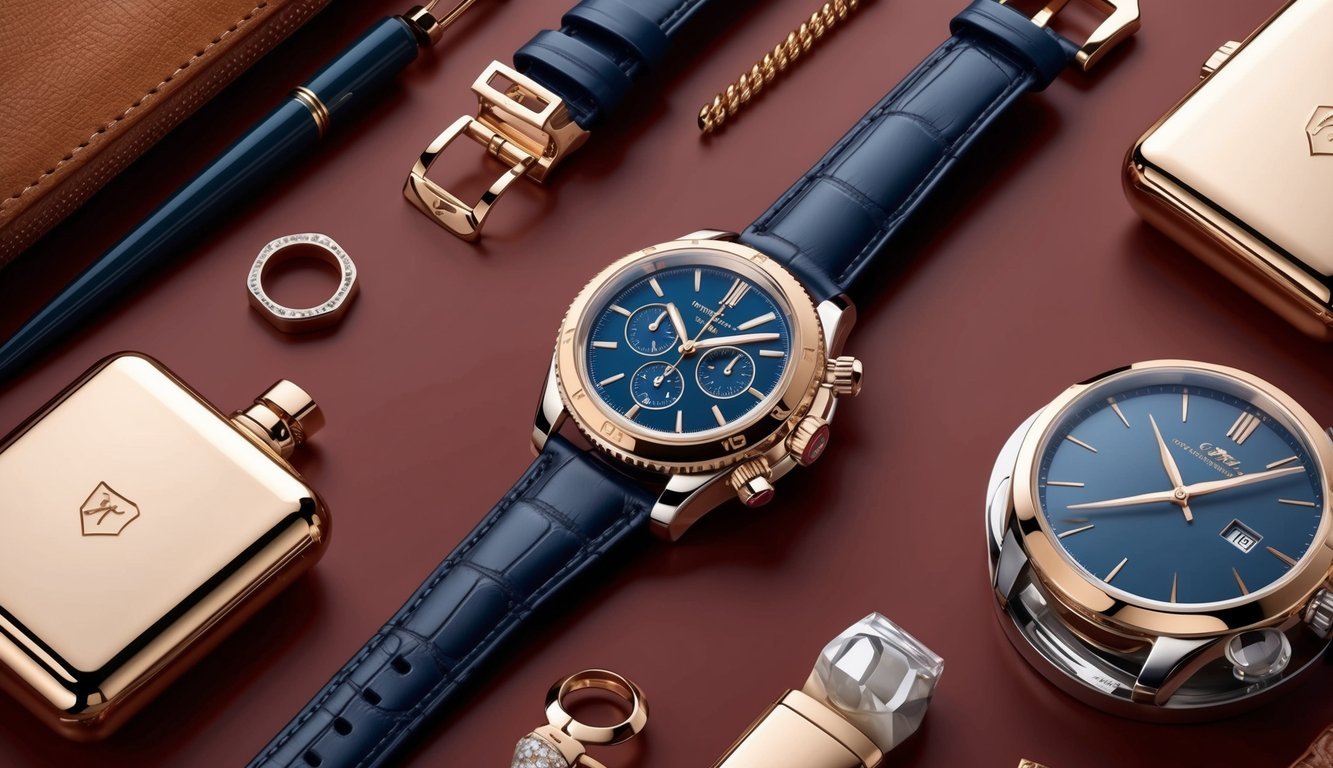 A luxurious watch surrounded by high-end accessories and fashion items
