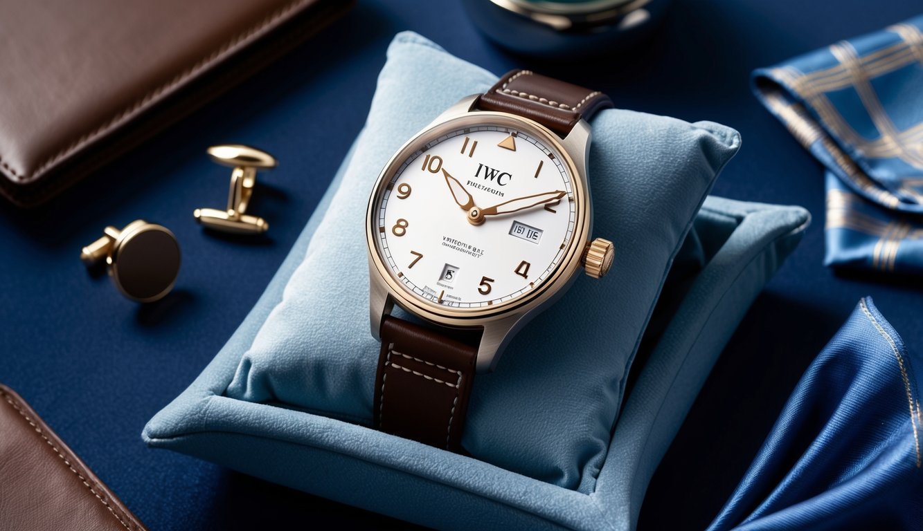 A sleek, high-end IWC Pilot's Watch displayed on a luxurious velvet cushion, surrounded by other elegant accessories such as cufflinks, a leather wallet, and a silk pocket square