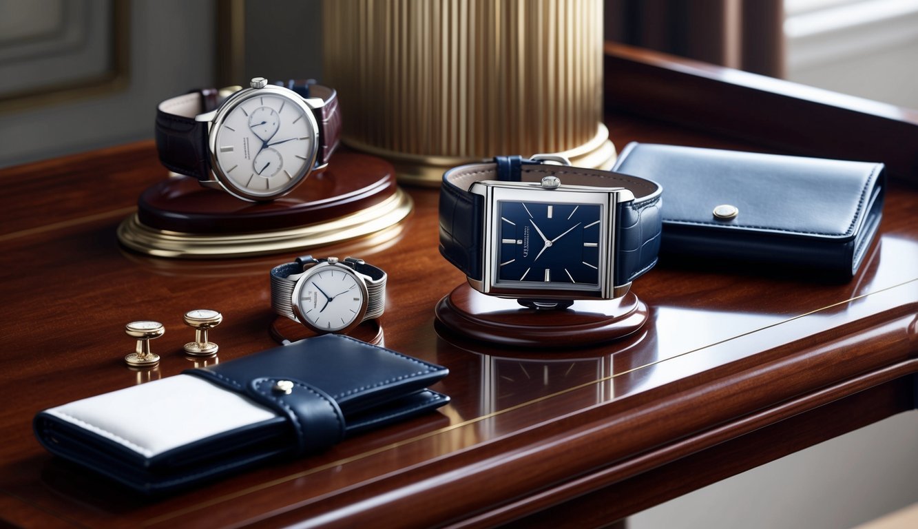 A luxurious setting with elegant decor and a polished wooden table displaying the Jaeger-LeCoultre Reverso watch alongside high-end accessories such as cufflinks and a leather wallet