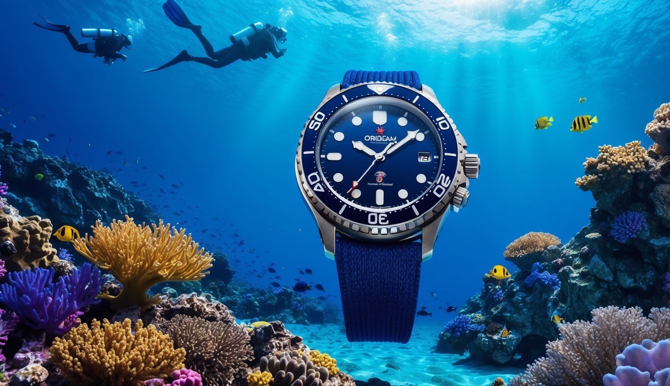 A vibrant underwater scene with a deep blue ocean, colorful coral reefs, and a sleek Orient Mako II watch glinting in the sunlight