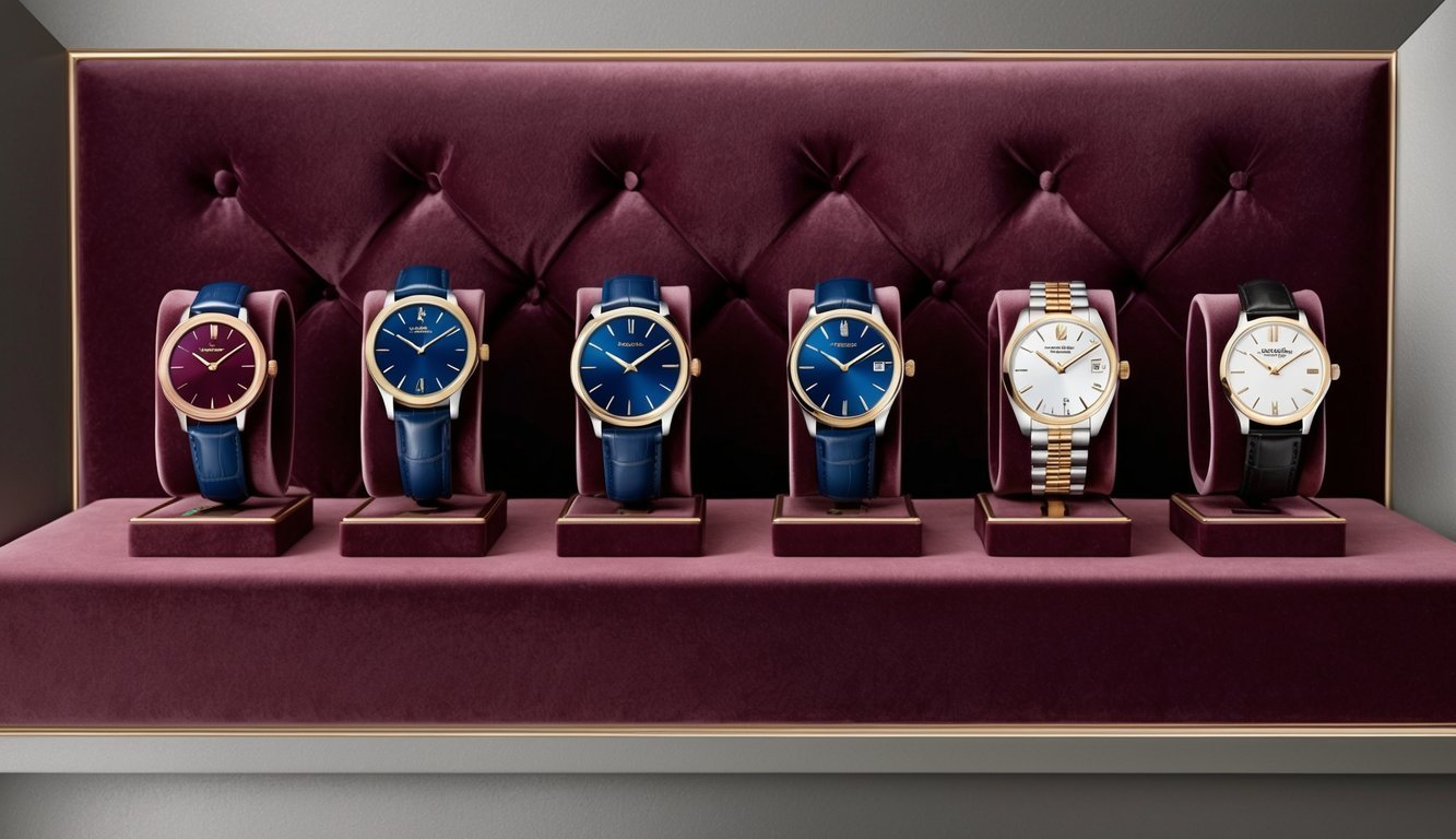 A sleek display of 8 elegant watches arranged on a luxurious velvet backdrop, each one exuding sophistication and style