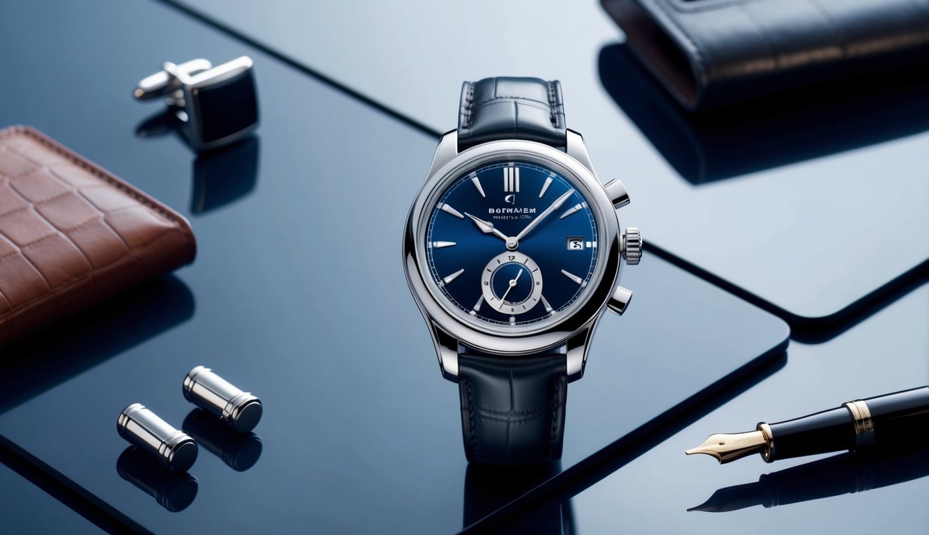 A luxurious high-end watch displayed on a sleek, modern surface with other sophisticated accessories nearby, such as cufflinks, a leather wallet, and a fountain pen