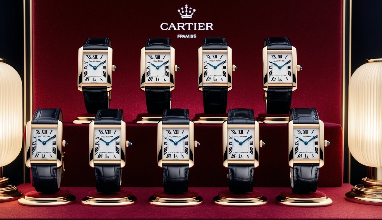 A display of eight Cartier Tank Française watches arranged on a luxurious velvet backdrop, with soft lighting to enhance their elegant design