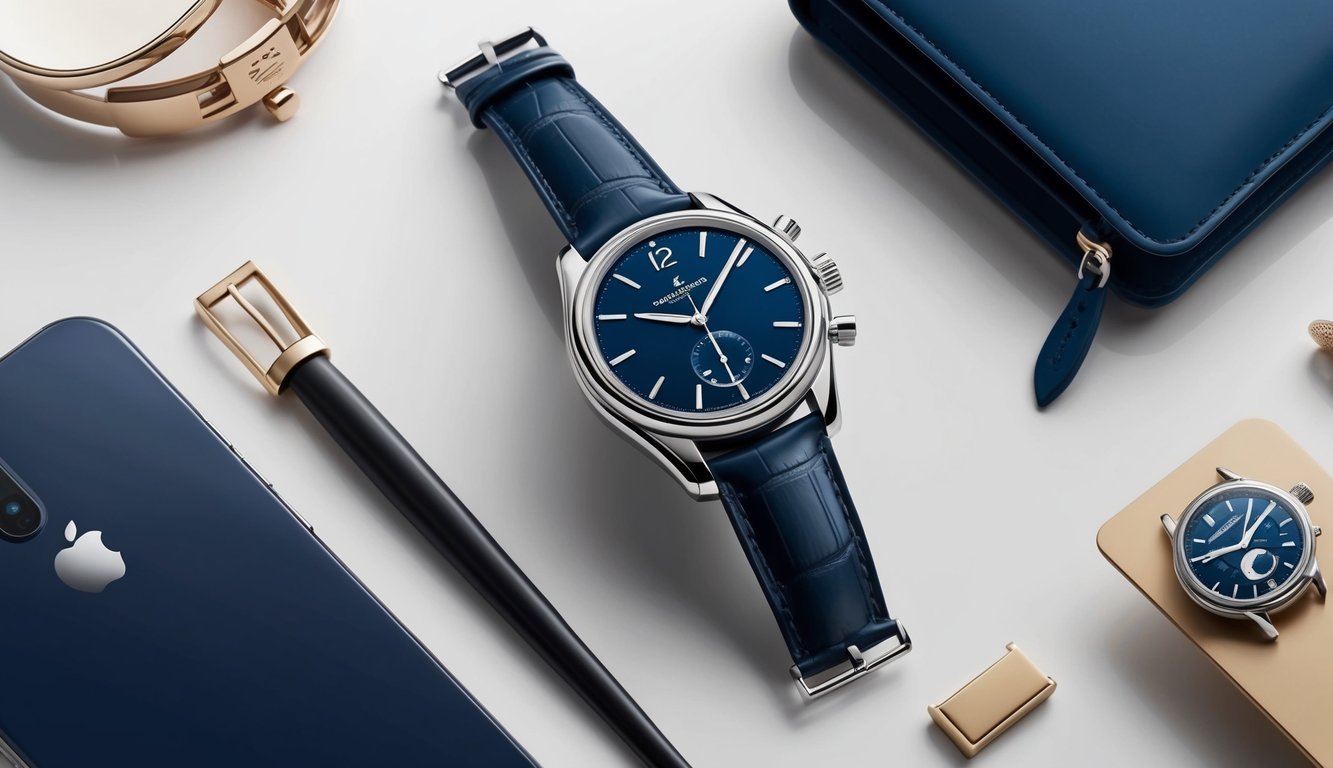 A sleek high-end watch surrounded by carefully selected complementary accessories on a clean, modern surface