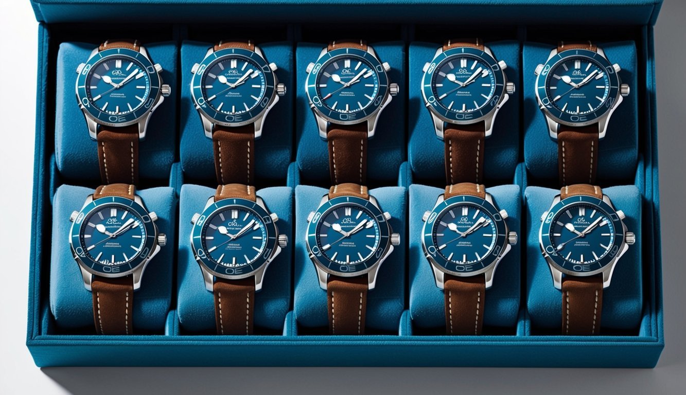 A sleek display of eight Omega Seamaster Aqua Terra watches arranged on a velvet-lined tray, each catching the light with its elegant design