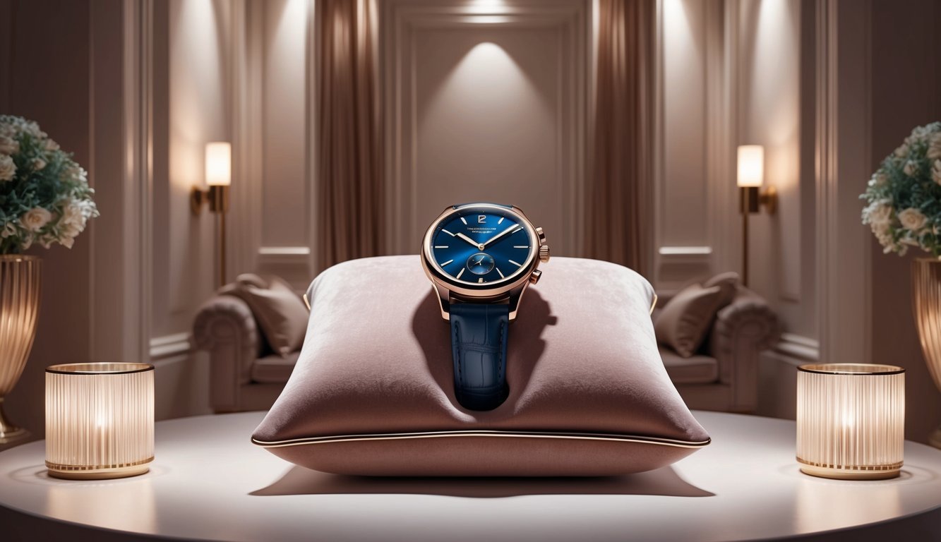 A sleek and modern watch displayed on a luxurious velvet cushion, surrounded by soft lighting and elegant decor