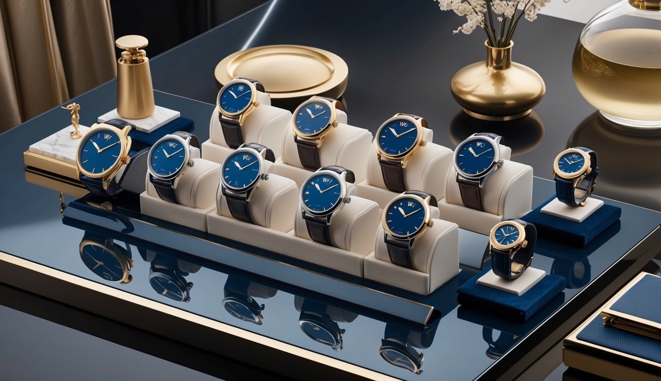 A luxurious display of 8 IWC Portofino watches arranged on a sleek, modern surface, surrounded by elegant accessories and stylish decor