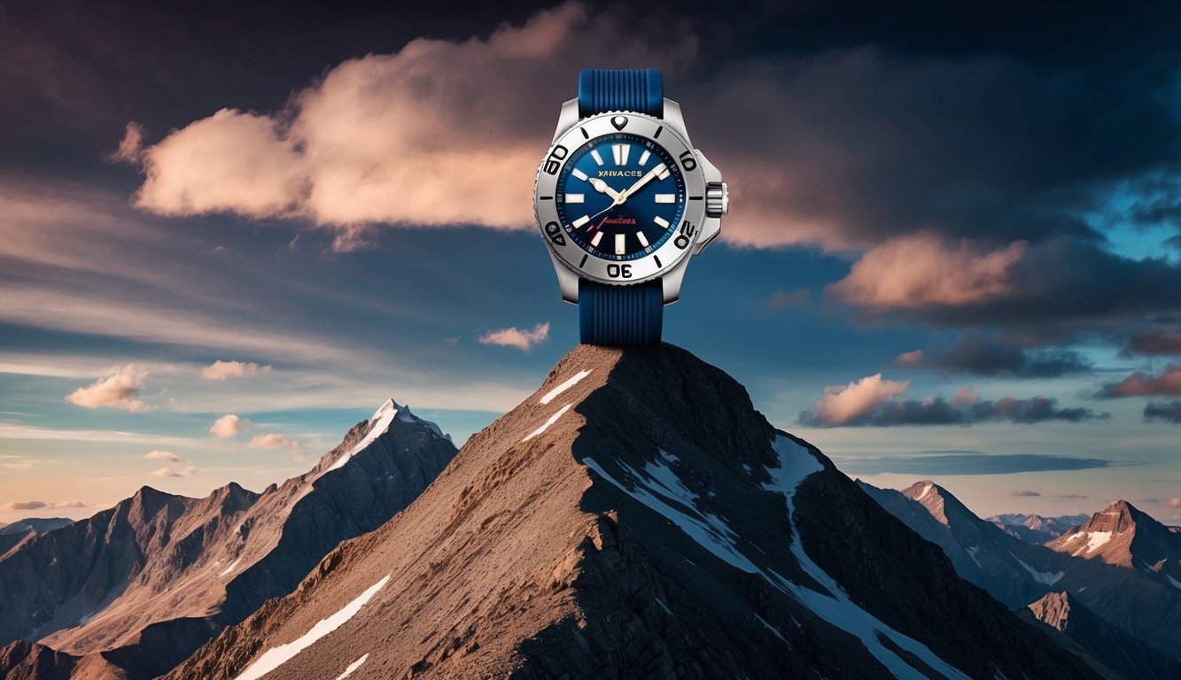 A rugged, stylish watch atop a mountain peak, with a backdrop of rugged terrain and a dramatic sky
