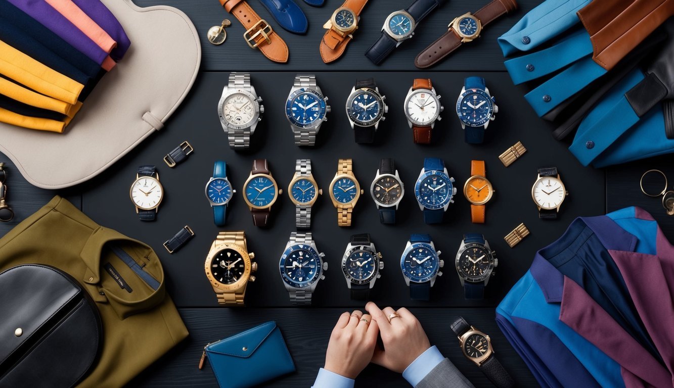 A table with a variety of watches laid out, surrounded by different types of clothing and accessories to match different styles and outfits
