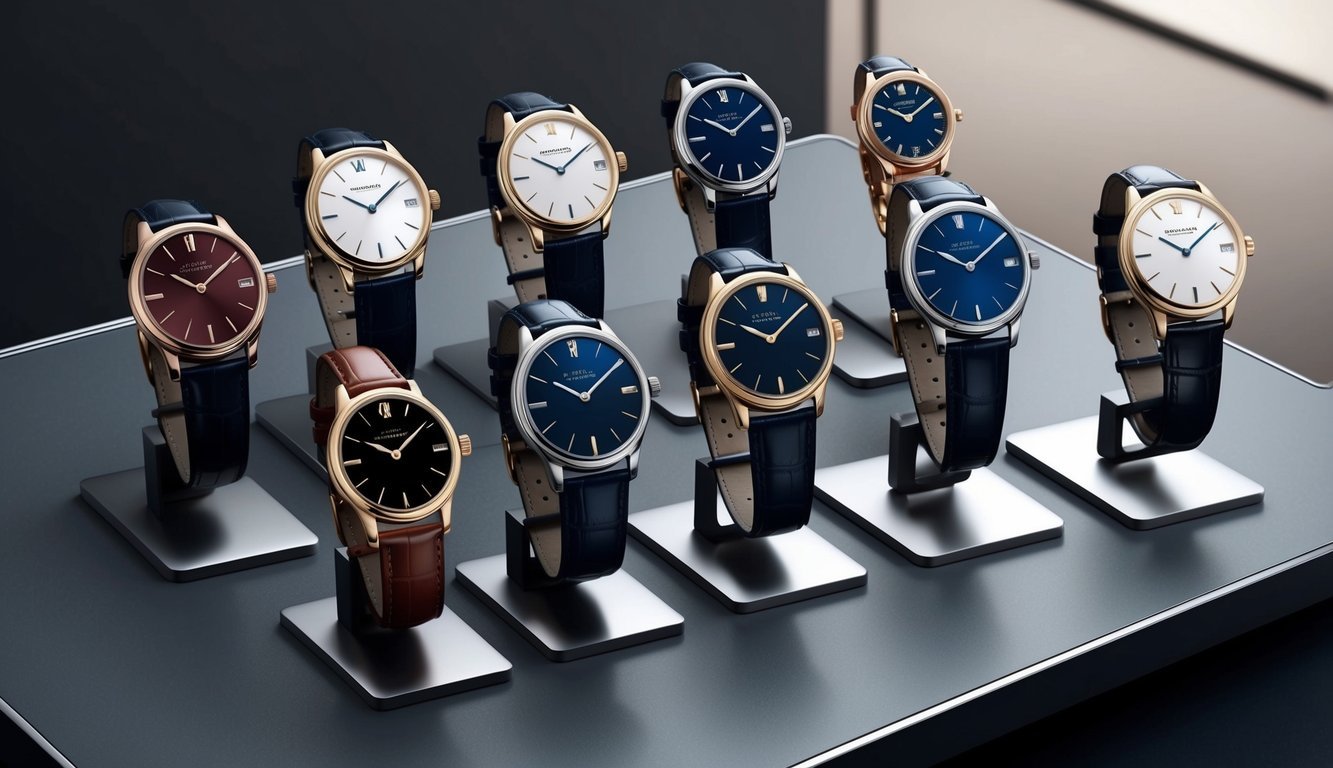 A luxurious display of eight elegant watches arranged on a sleek, modern surface, each one exuding sophistication and style