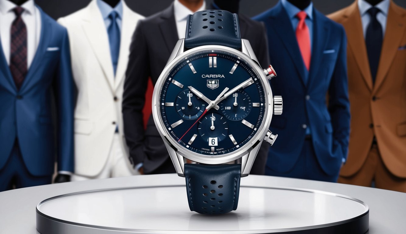A sleek TAG Heuer Carrera watch displayed on a clean, modern surface with various outfits in the background for selection