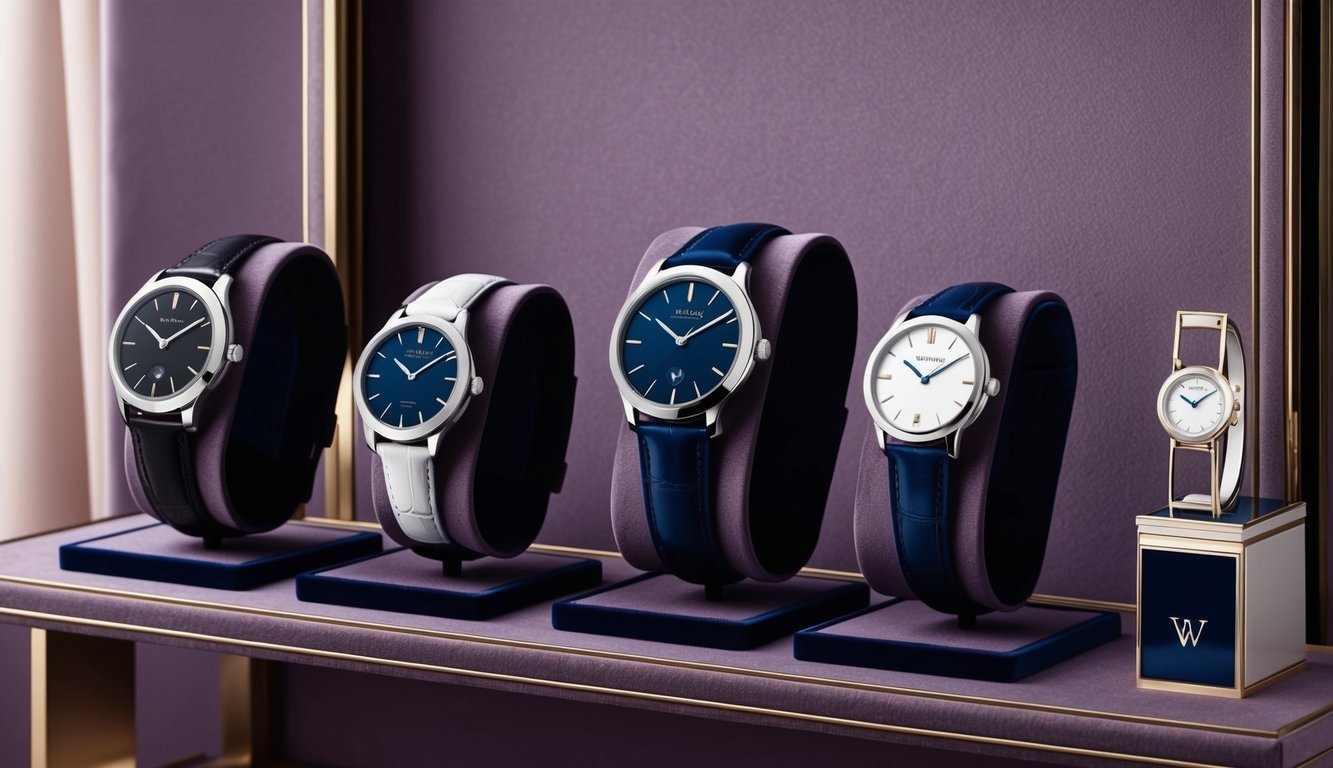 A sleek, modern watch collection displayed on a velvet-lined shelf, each timepiece carefully paired with a coordinating outfit, exuding elegance and sophistication