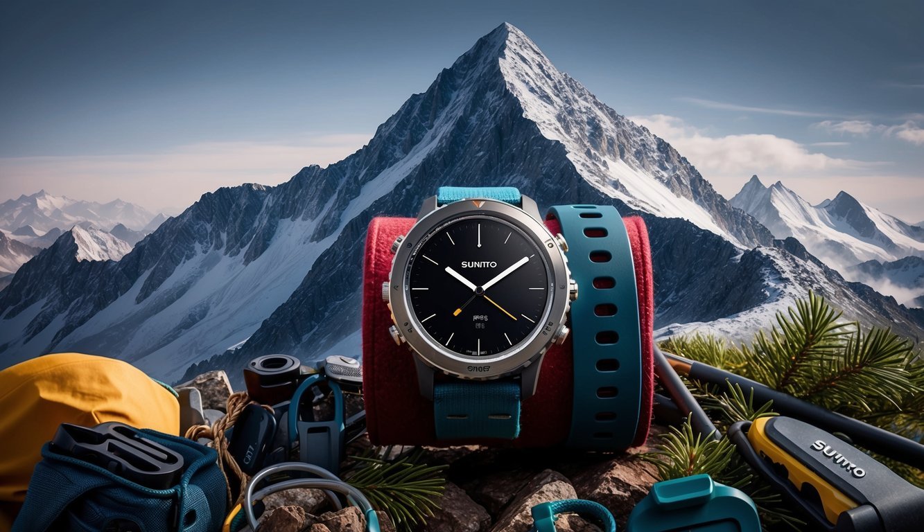 A rugged mountain peak with a stylish, durable Suunto 9 Peak Pro watch on a wrist strap, surrounded by adventure gear and natural elements