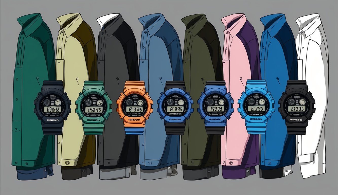 A variety of outfits laid out with different Casio G-Shock watches next to them, showcasing the versatility of the watches for any style