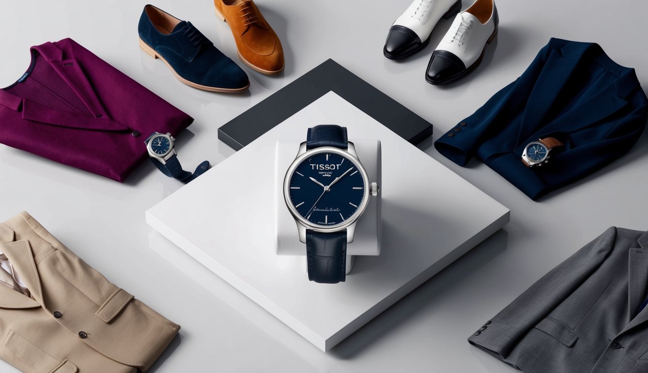A sleek Tissot Le Locle watch displayed on a clean, modern surface with various outfits laid out around it, representing different styles and occasions