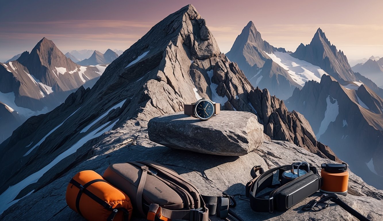 A rugged mountain peak with a sleek, modern watch perched on a rock, surrounded by adventurous outdoor gear