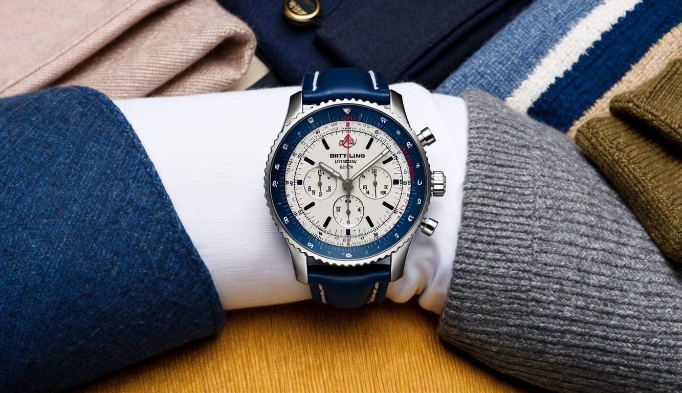A close-up of a Breitling Navitimer watch surrounded by various clothing items in different styles and colors, showcasing its versatility with any outfit