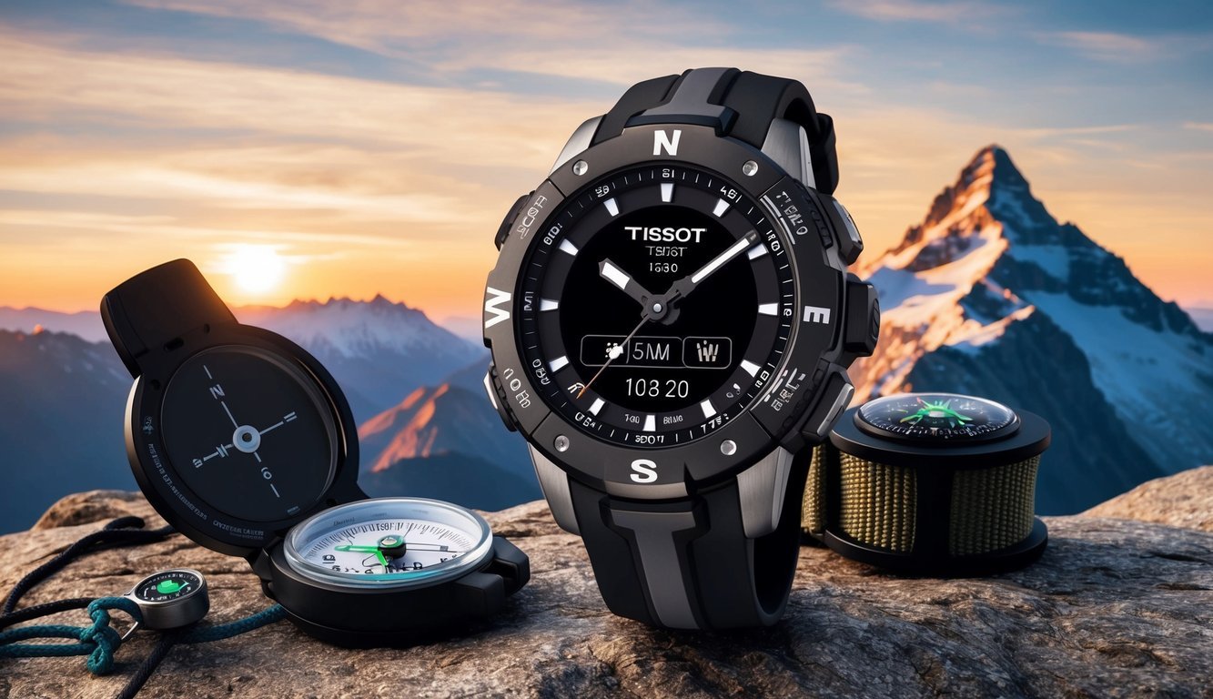 A rugged, stylish Tissot T-Touch Connect Solar watch against a backdrop of a mountain peak at sunset, with a compass and hiking gear nearby