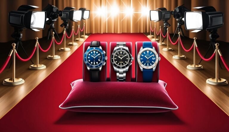 Three watches on a red carpet with spotlights and velvet ropes