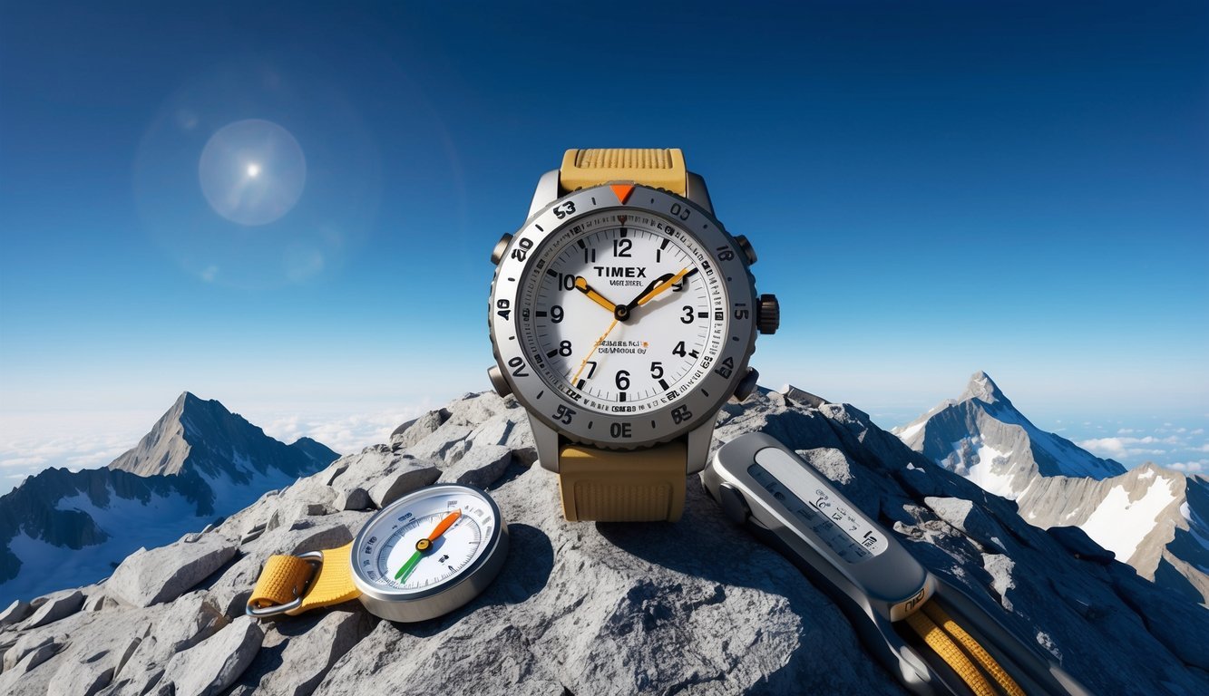 A rugged Timex Expedition watch on a mountain summit, with a compass, temperature gauge, and tide tracker, surrounded by rocky terrain and a clear blue sky