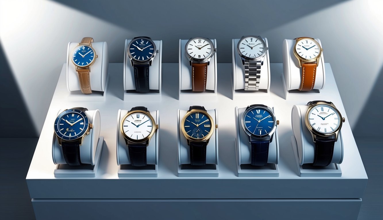 A neatly arranged collection of watches in various styles and colors, displayed on a clean, white surface with a bright spotlight highlighting each timepiece
