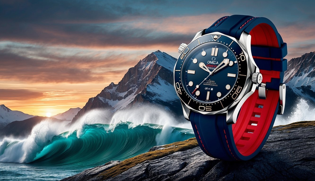 A rugged Omega Seamaster Diver 300M watch on a mountain peak at sunset, with crashing waves below