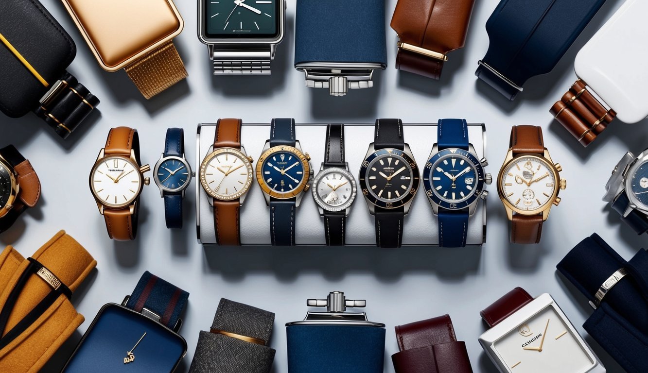 A collection of various watch styles arranged on a sleek display stand, surrounded by different outfits representing various occasions and styles