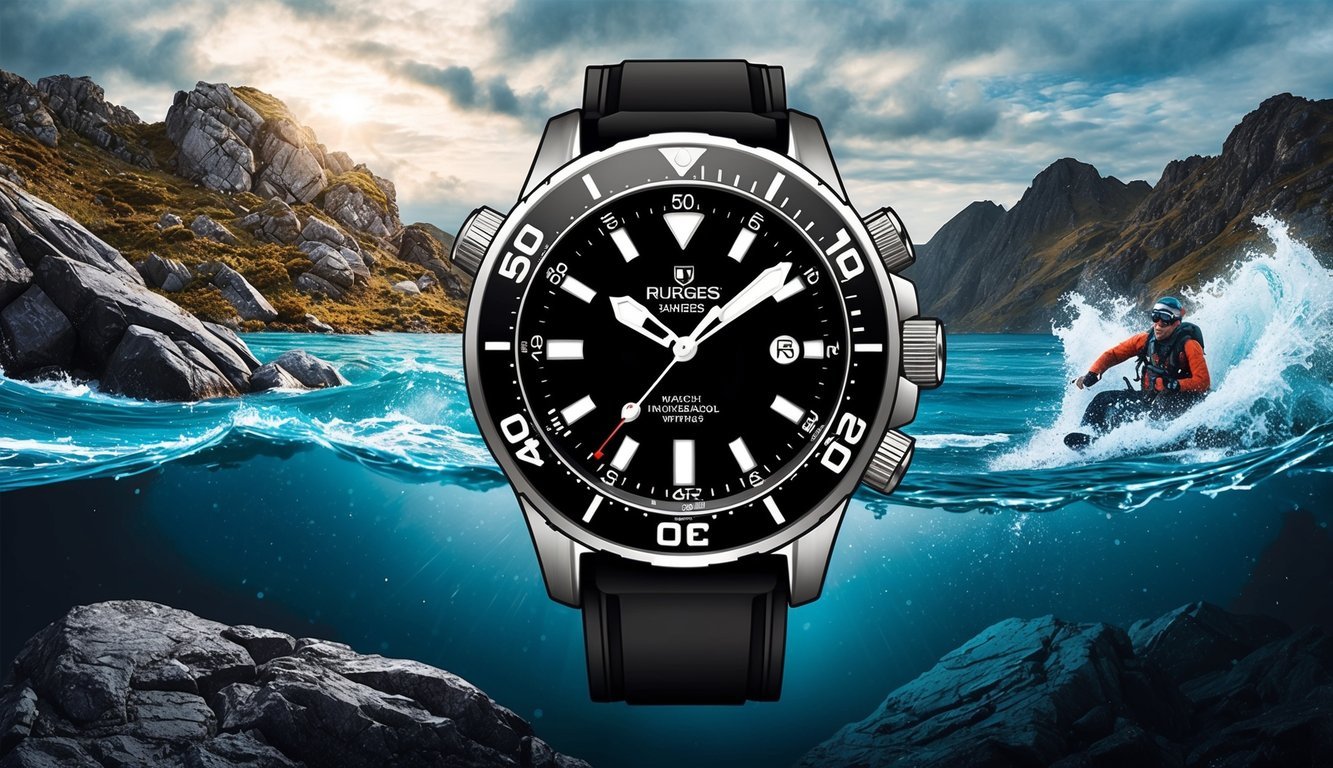 A rugged, stylish watch withstands extreme outdoor conditions, from rocky terrain to turbulent waters, showcasing its durability and versatility