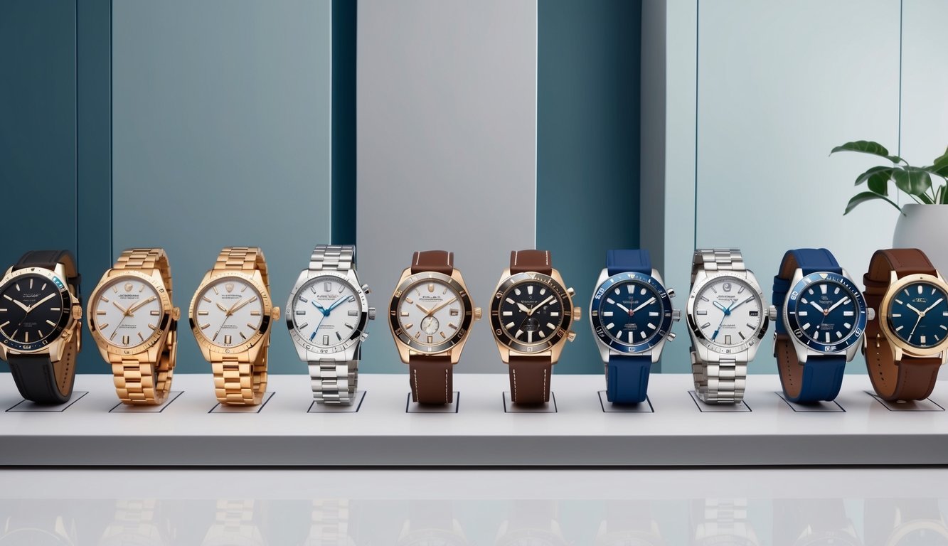 A neatly organized display of various watches, each matching a different style of outfit, set against a clean, modern backdrop