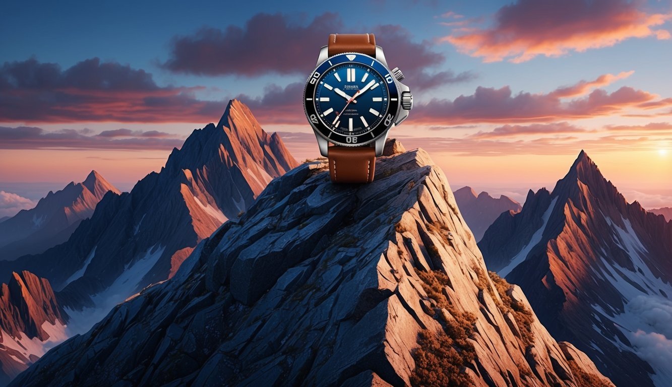 A rugged, stylish watch atop a rocky mountain peak at sunset