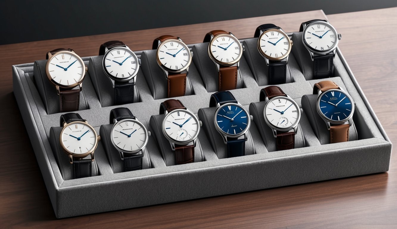 A sleek display of 10 timeless watches arranged on a velvet-lined tray, each with its own unique design and style
