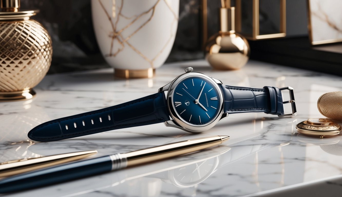 A sleek, modern watch resting on a marble countertop, surrounded by luxurious accessories and elegant decor