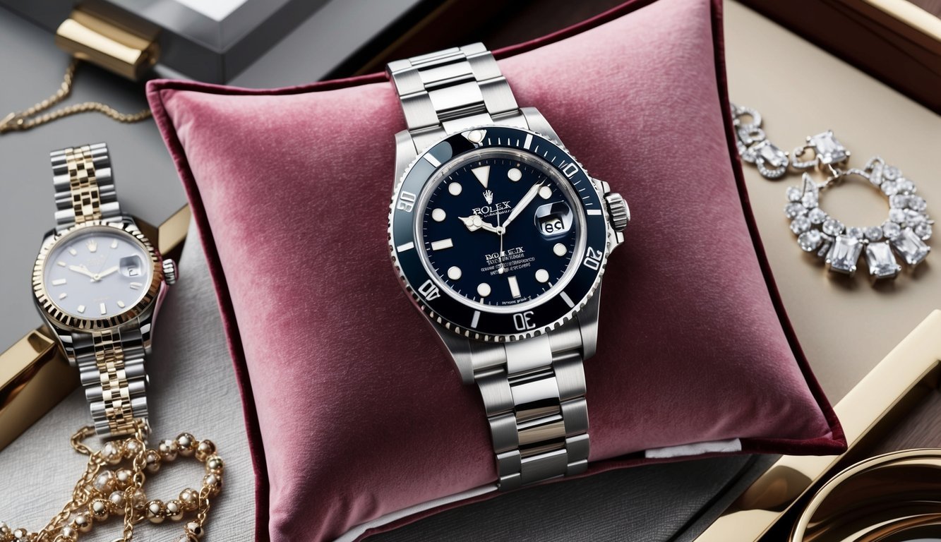 A sleek Rolex Submariner watch resting on a luxurious velvet pillow, surrounded by elegant jewelry and a stylish outfit