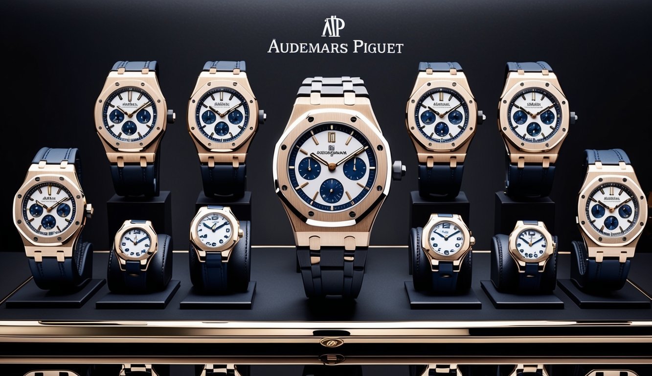 A luxurious display of ten iconic Audemars Piguet Royal Oak watches arranged in a stylish and timeless manner