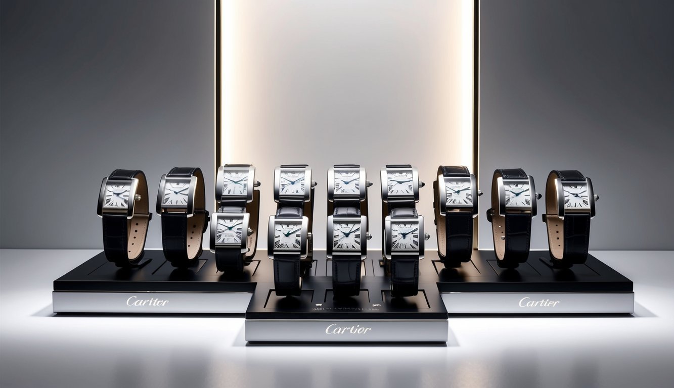 A display of 10 Cartier Tank watches arranged in a sleek, minimalist setting with soft lighting to highlight their timeless elegance