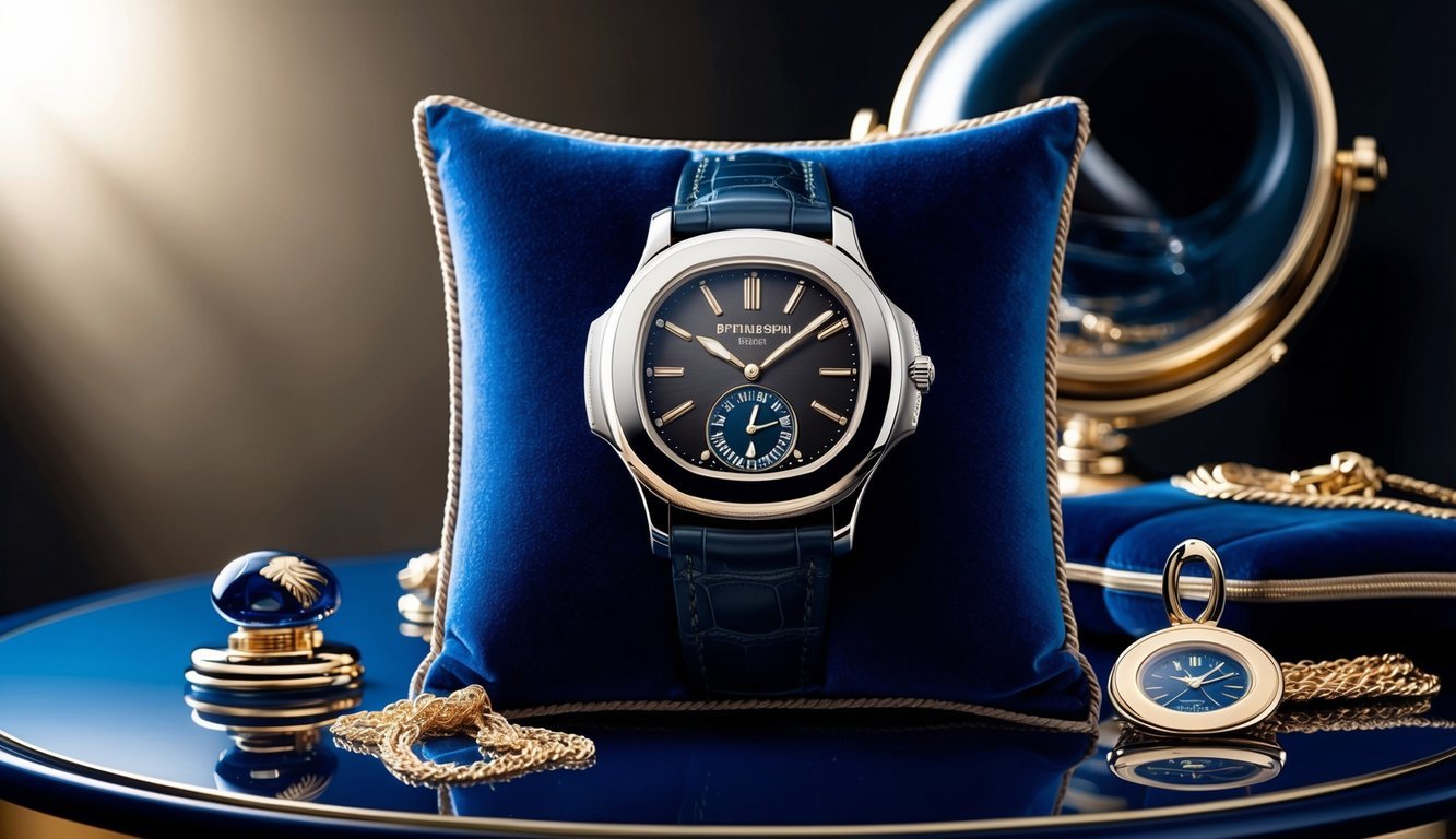 A sleek Patek Philippe Nautilus watch displayed on a luxurious velvet cushion, surrounded by elegant accessories and reflecting the soft glow of a spotlight