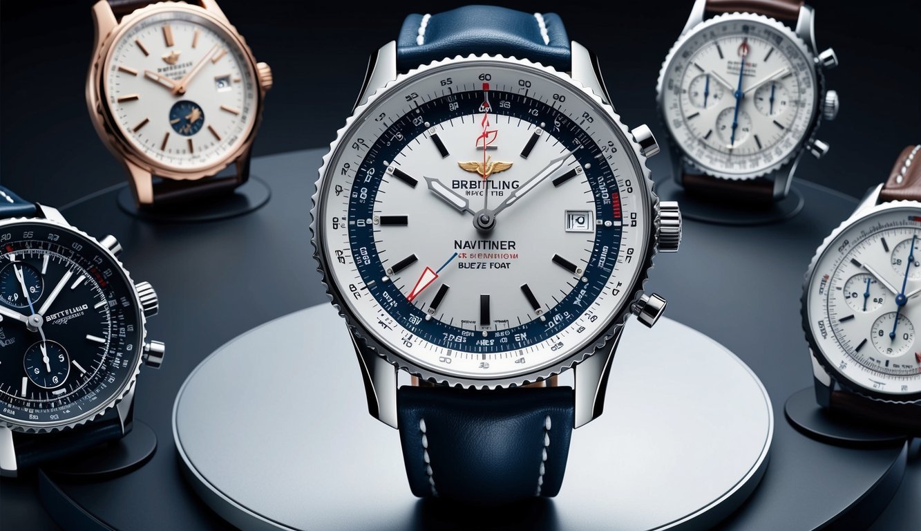 A close-up of a Breitling Navitimer watch, surrounded by other iconic timepieces, on a sleek, modern display stand