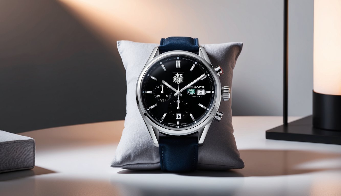 A sleek Tag Heuer Monaco watch displayed on a velvet cushion in a modern, minimalist setting with soft lighting