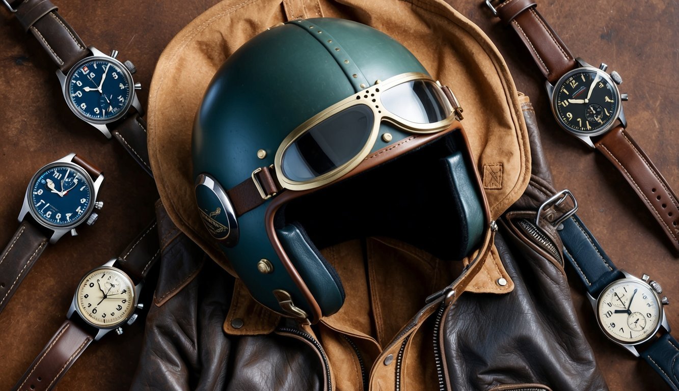 A vintage aviator's helmet rests on a worn leather flight jacket, surrounded by a collection of classic pilot's watches