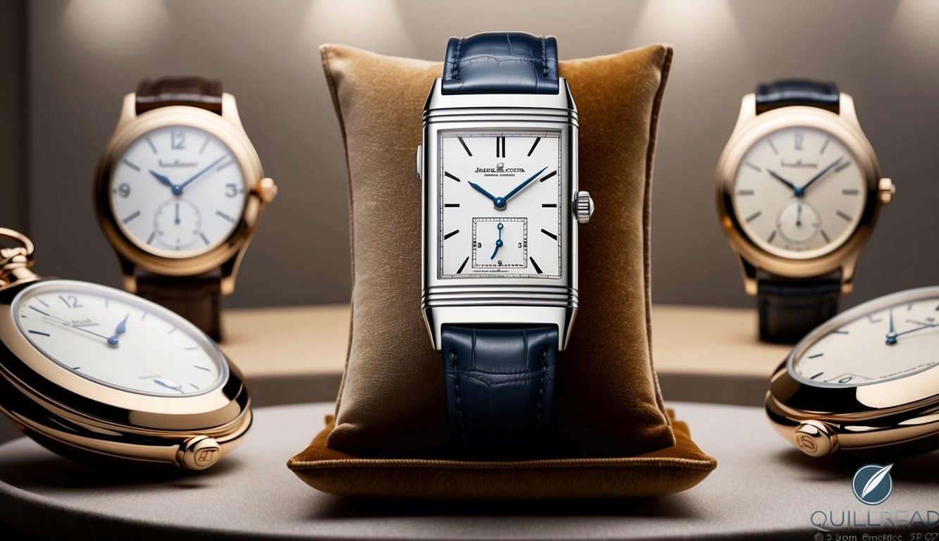 A sleek, elegant Jaeger-LeCoultre Reverso watch displayed on a luxurious velvet cushion, surrounded by soft lighting and a backdrop of timeless, classic timepieces