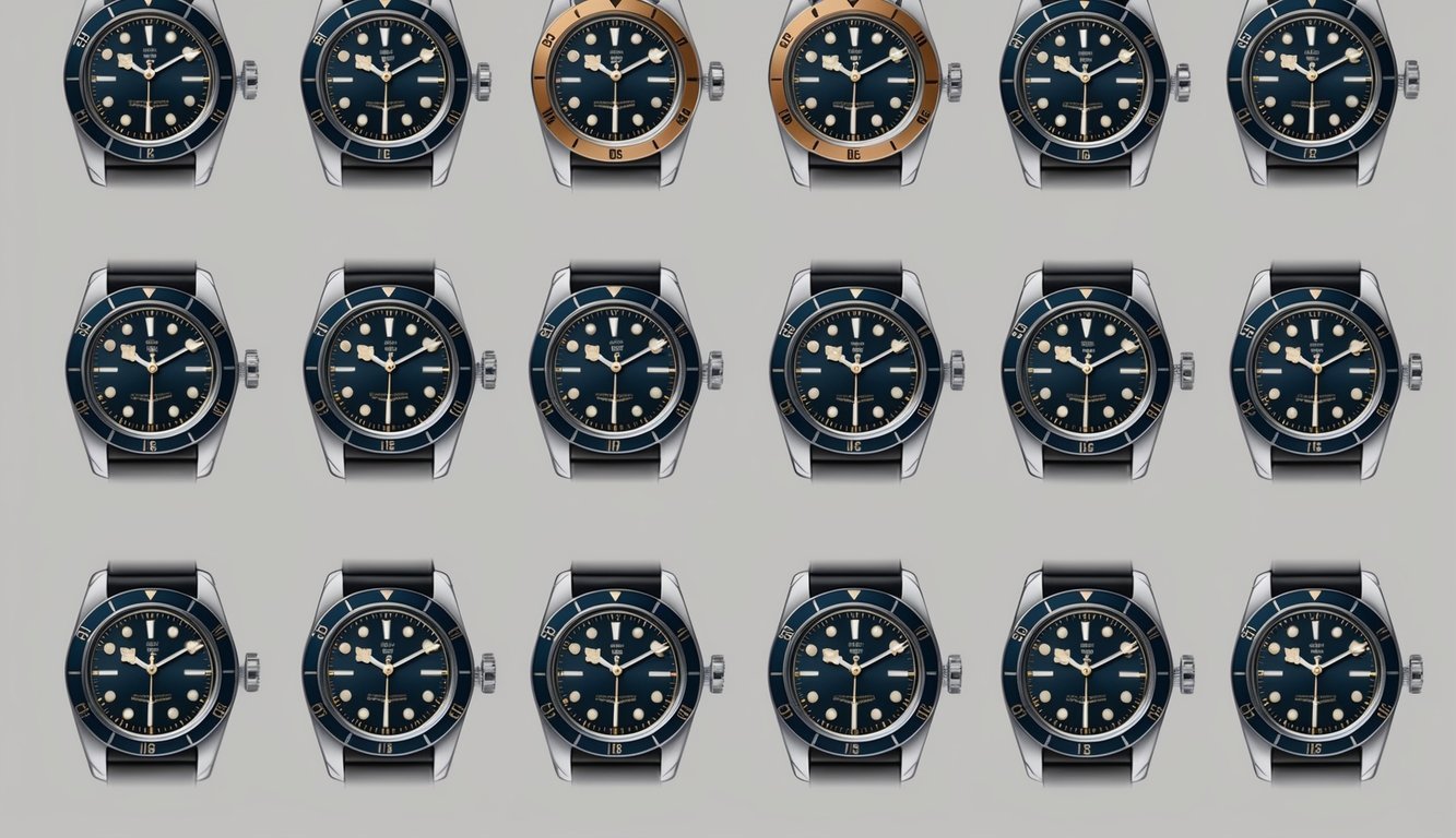 A collection of ten Tudor Black Bay watches arranged in a stylish and timeless display, showcasing their iconic design and enduring appeal
