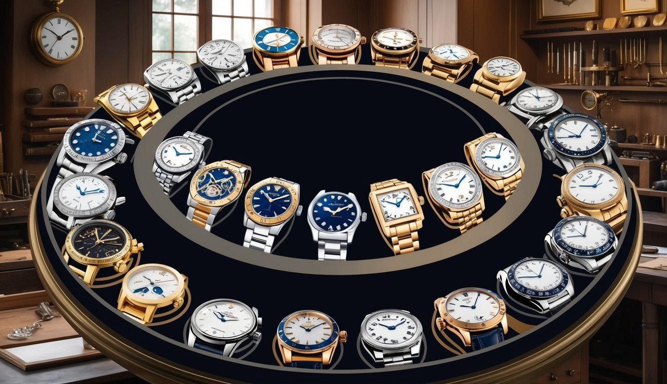 A display of 10 iconic watches arranged in a circle, each with its own unique design and features, set against a backdrop of a vintage watchmaker's workshop